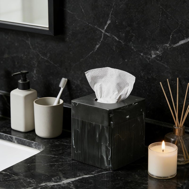 Polytree Tissue Box Cover Square Resin Tissue Holder for Home Decor, Hand Poured Marble Tissue Box Holder, 5 x 5 x 5.5 inches, Black - Image 2